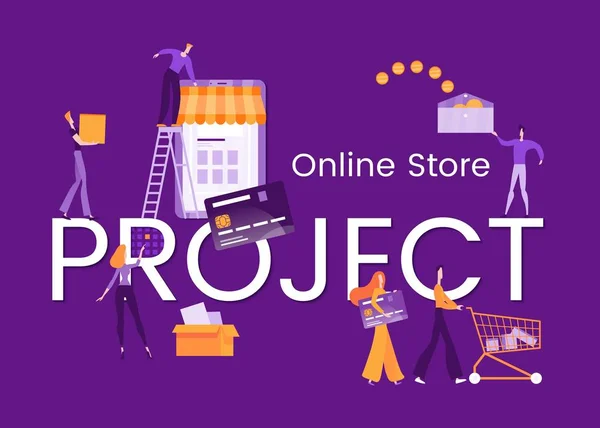 Online winkel project, mobiele telefoon, online betalingen, kopers, winkelwagentje, aankopen — Stockvector