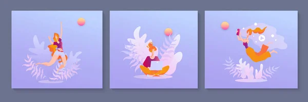 Freelancing, yaratıcılık, başarı, sörf ve online iş, modern düz vektör çizimler güzel genç kadın, cihazlar, bir dizi kavramı stilize bitki
