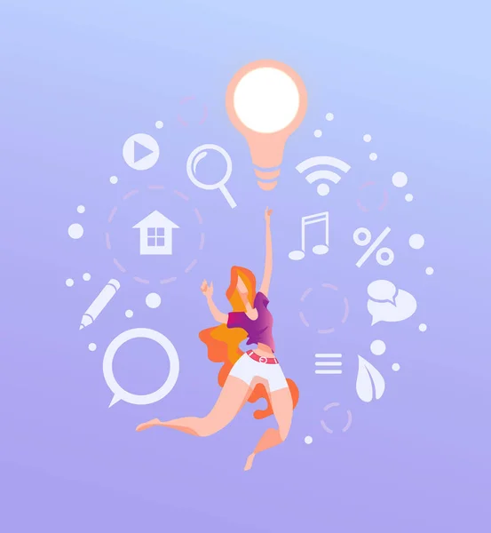 Güzel genç kadın Internet sembolleri arasında uçuyor. Freelancing, yaratıcılık, ücretsiz internet kavramı. Modern düz vektör çizim