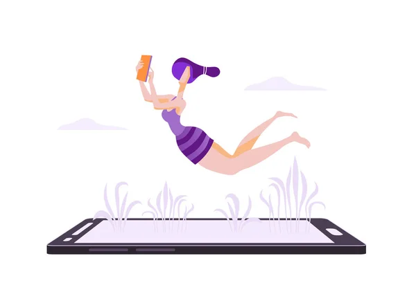 Schattige Cartoon Meisje Springen Smartphone Vectorillustratie Creativiteit Freelance Concept — Stockvector