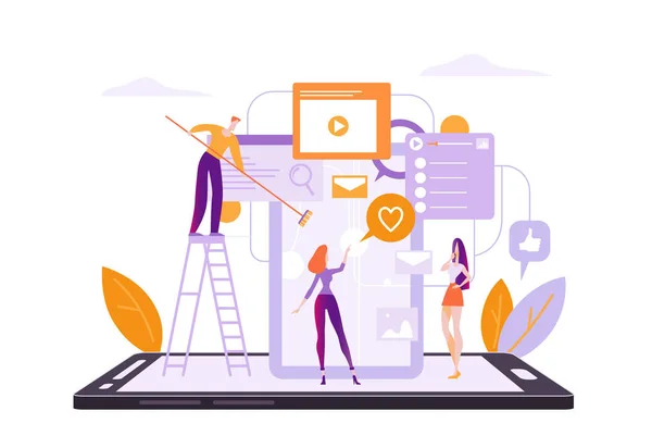 sevimli çizgi kız akıllı telefon, mobil uygulama kavramı, vektör çizim