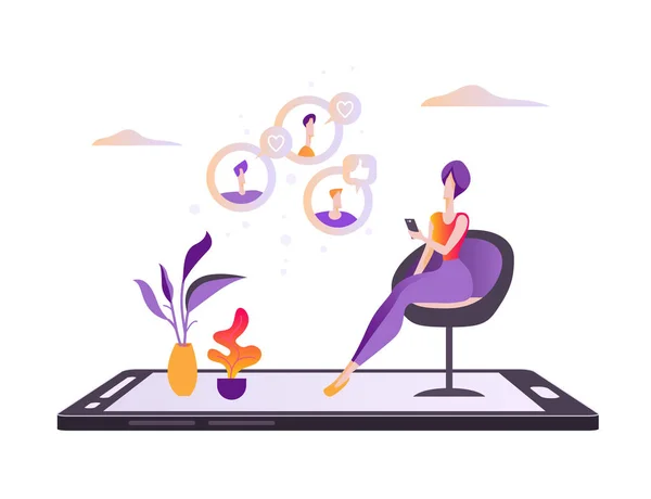 Schattige Cartoon Meisje Met Smartphone Voor Het Online Daten Vectorillustratie — Stockvector