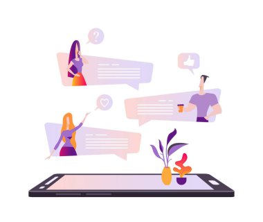 Online dating kavramı. Güzel genç bir kadın ve bir adam Internet, sohbet online karşılamak. Modern düz vektör çizim üzerinde beyaz izole