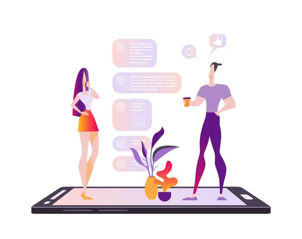 Online dating kavramı. Güzel genç bir kadın ve bir adam Internet, sohbet online karşılamak. Modern düz vektör çizim üzerinde beyaz izole