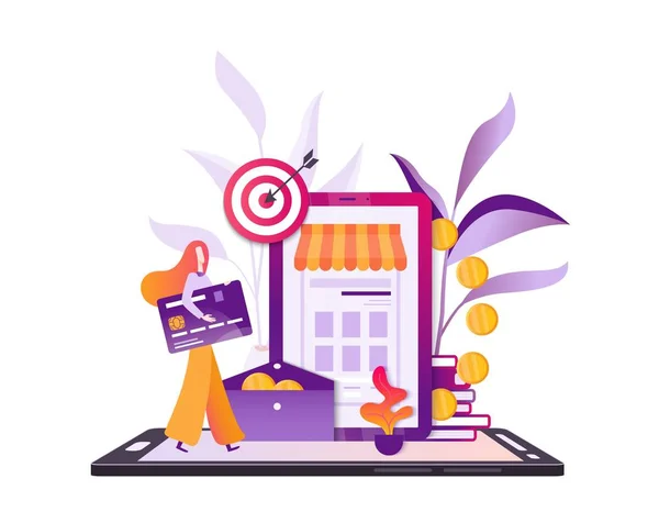 Online alışveriş ve online ödemeler için mobil uygulama kavramı. Bir kadın bir kredi kartı ile Internet üzerinde satın almak için öder. Modern düz vektör çizim