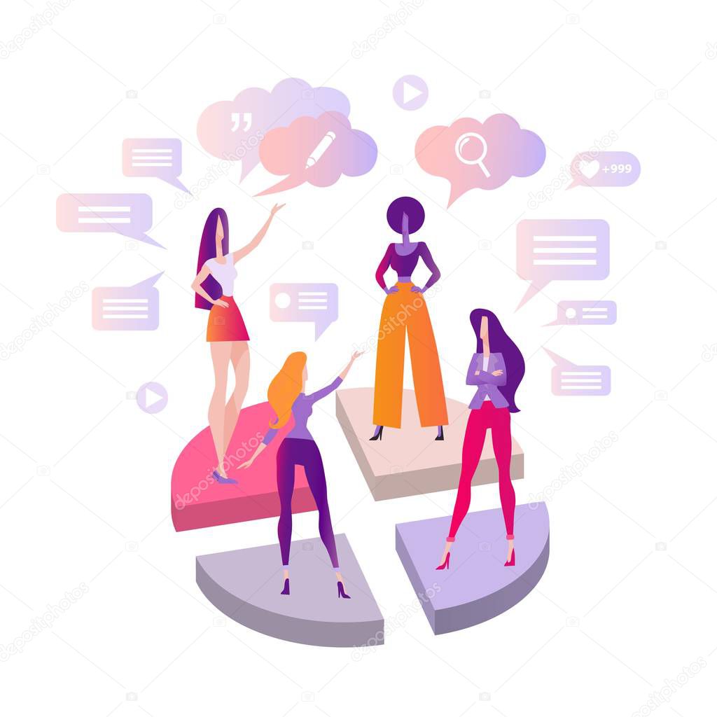The concept of online discussion, elections, competition, female chat. Modern flat vector illustration isolated on white background