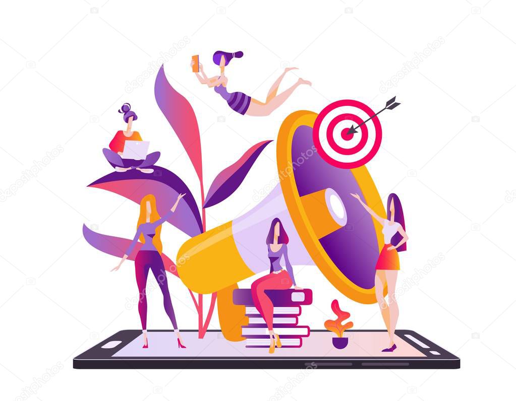 Marketing plan for a mobile application. Test group. The concept of an advertising company, promotion, ads for a startup company. Modern flat vector illustration isolated on white background