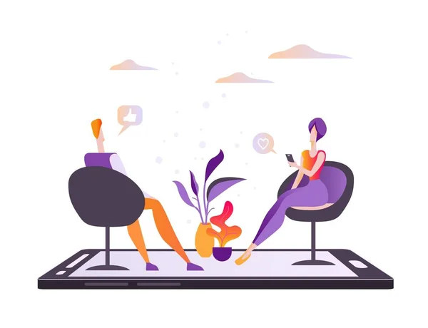 Online dating, bir adam ve bir kadın sandalye bir smartphone ve söyle oturup. Beyaz arka plan üzerinde izole Modern düz vektör çizim