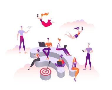 İnsanlar oturmak ve wi-fi şeklinde 3d podyum üzerinde durmak. Genel ücretsiz Wi-Fi hotspot bölge. Beyaz arka plan üzerinde izole Modern düz vektör çizim