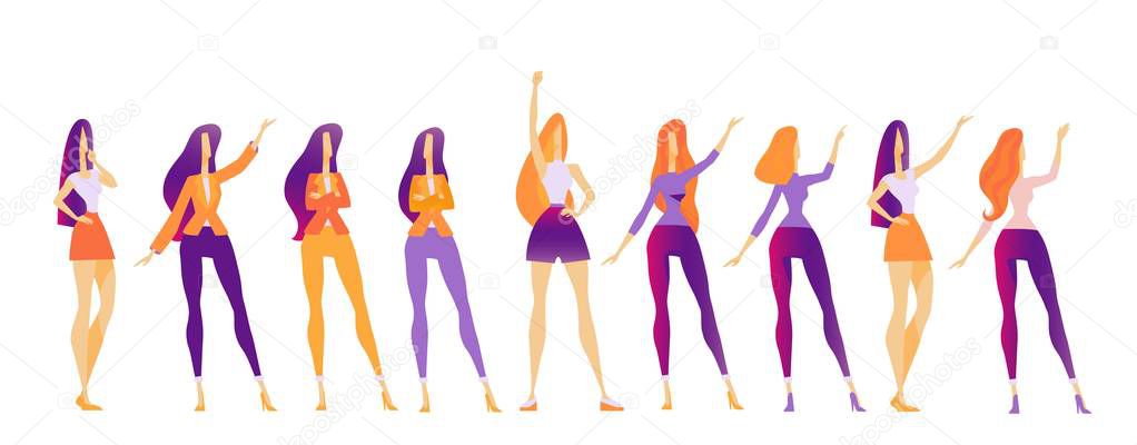 Beautiful sexy business girls with long hair in full face, profile and rear view, character set isolated on white background, drawing, vector illustration