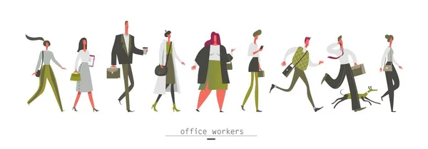 Ofis çalışanları yayalar erkek ve kadın, bir dizi farklı insanlar yürüyen kentsel yaşam tarzı vektör çizim yaş grubundaki