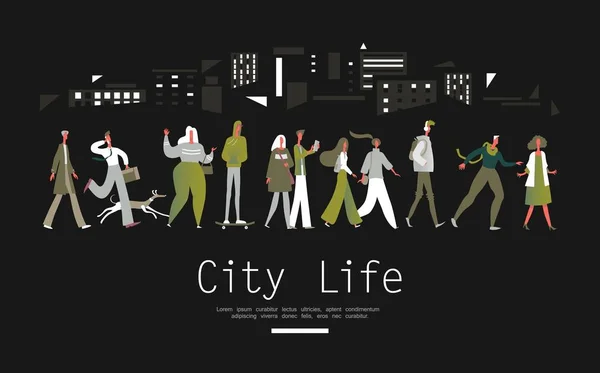 City Life Pedestrians Men Women Walking Night City Background Buildings — Stock Vector