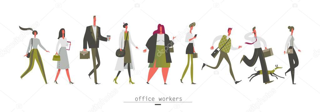 Office workers Pedestrians man and woman, a set of walking people of different ages Urban lifestyle Vector illustration