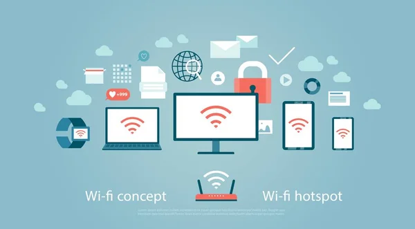 Wi-fi etkin nokta kablosuz internet kavramı erişmek dizi bilgisayar ve internet cihazları, cihazlar, ofis aksesuarları, sosyal medya simgeler, cybersecurity, iletişim, bağlantı vektör çizim