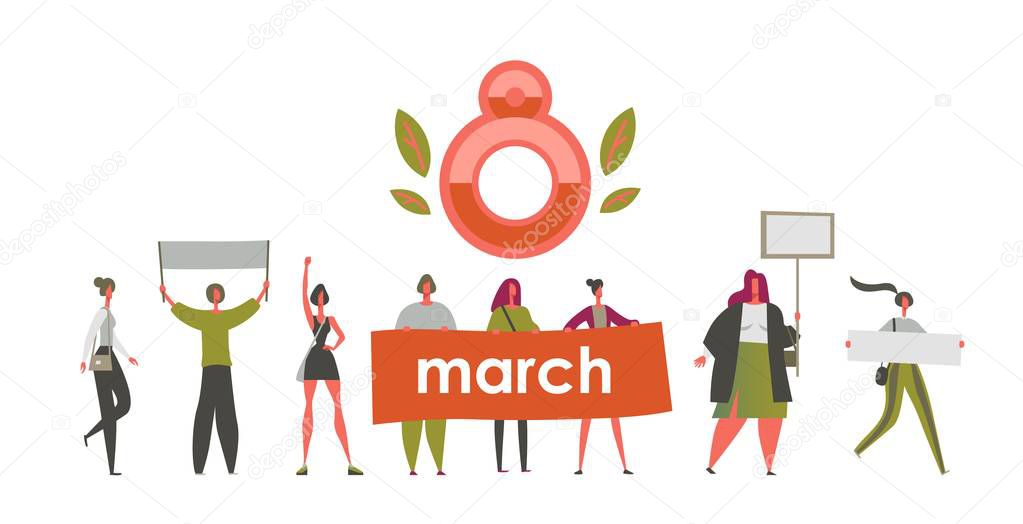 International Women's Day March 8 Feminism Fight for women's rights Festive banner with emancipated women of different ages with posters in their hands Vector illustration isolated on white background