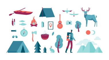 Hiking turist dişli, hiking içinde sırt çantası ile Ayarla nesne, vahşi hayvanlar ve yürüyüş turları içinde Kuzey enlemlerde vektör çizim tasarım reklam için doğal peyzaj unsurları