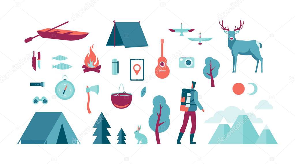 Hiking tourist with backpack in hiking gear, set of objects, wild animals and elements of the natural landscape for advertising design of hiking trips in the northern latitudes Vector illustration