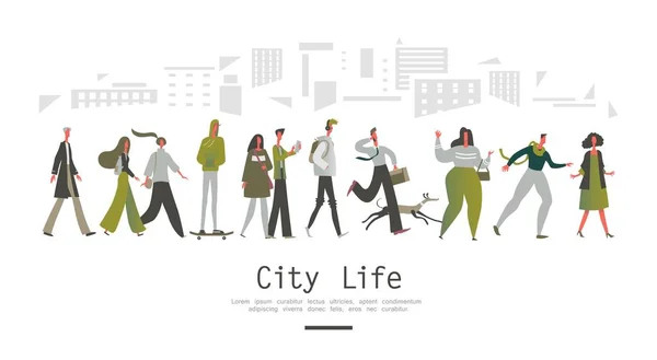 Vida Cidade Pedestres Homens Mulheres Caminham Longo Uma Rua Cidade —  Vetores de Stock