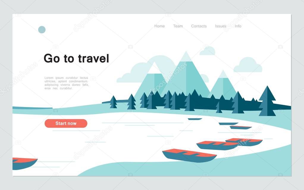 Go to travel Catch the dream, Landing page template with a landscape of northern latitudes, mountains river or lake, empty boats, firs, vector illustration