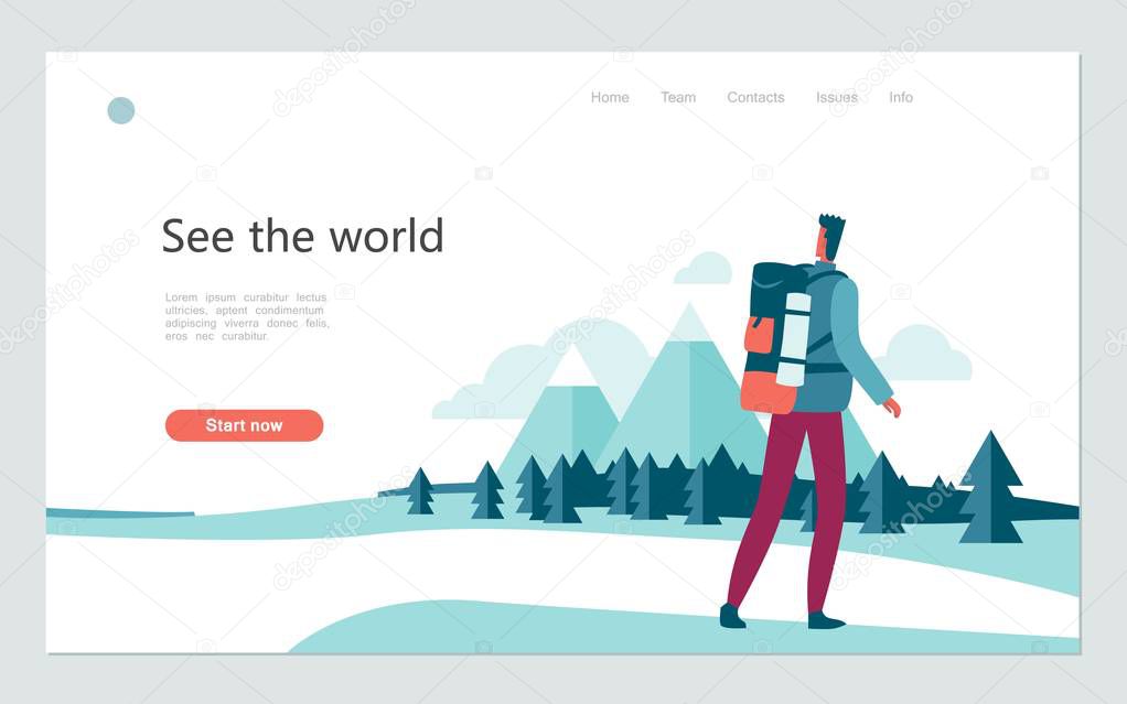 See the world, Go to travel, Catch the dream, Landing page template with tourist, landscape of northern latitudes, mountains river or lake, coniferous forest, vector illustration