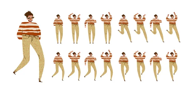 El hombre baila. Gran conjunto de personajes en varias posiciones, estilo escandinavo — Vector de stock