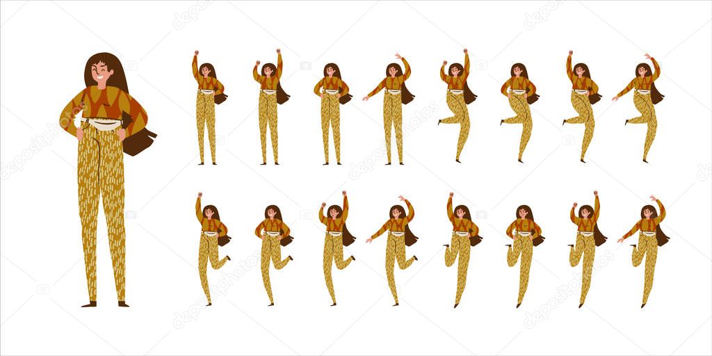 Girl dances. Big set of characters in various positions, Scandinavian style