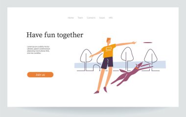 Genç adam köpeğiyle oynuyor. Açılış sayfası vektör illüstrasyon Eps 10