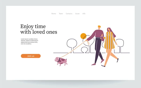 Jonge vrouw en man lopen met honden. Landing page vector illustratie EPS 10 — Stockvector