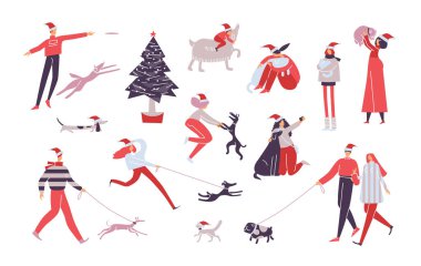 Hayvan sahiplerinin koleksiyonu. Noel ağacı. Tatil vektör çizimi izole edildi