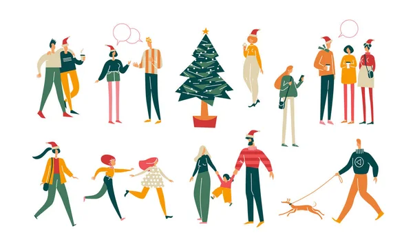 Le persone felici festeggiano le vacanze di Natale. Illustrazione vettoriale isolata su bianco — Vettoriale Stock
