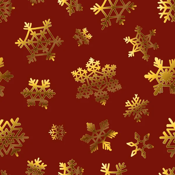 Copos de nieve de oro en rojo para el patrón de papel de caja de regalo — Vector de stock