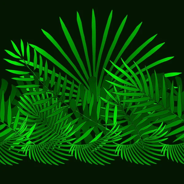 Unsur-unsur daun palem dan tropis sebagai pola horizontal hijau - Stok Vektor
