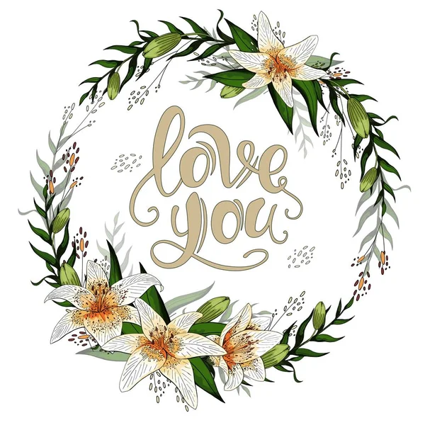 Valentine day postcard wreath with lily flowers and lettering — Stock Vector