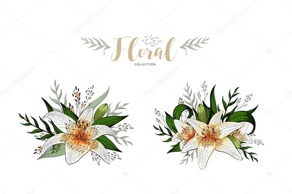 Wedding invitation card floral lily bouquet and lettering