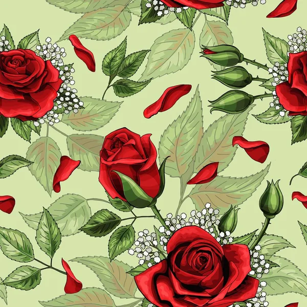 红玫瑰花束和绿叶元素无缝模式 — 图库矢量图片