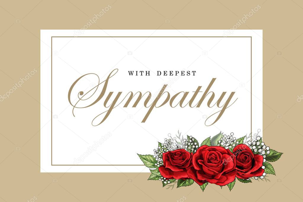 Condolences sympathy card floral red roses bouquet and golden lettering vector template