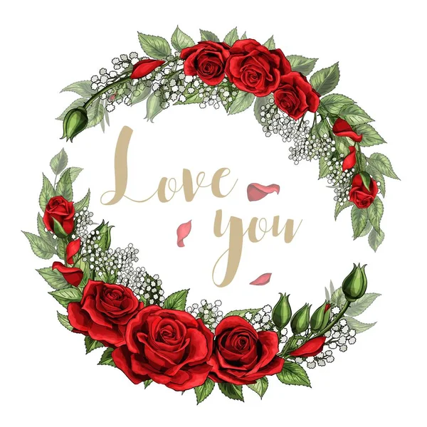 Je t'aime couronne de carte postale avec bouquet de fleurs de rose rouge et lettrage — Image vectorielle