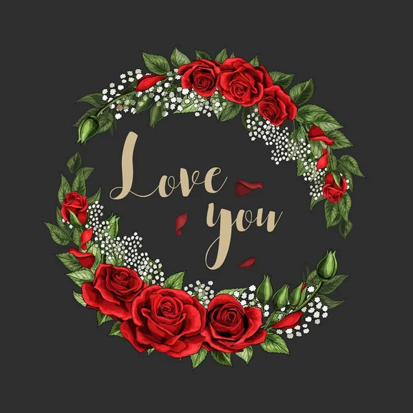 Love you postcard wreath with red rose flowers bouquet and lettering — Stock Vector