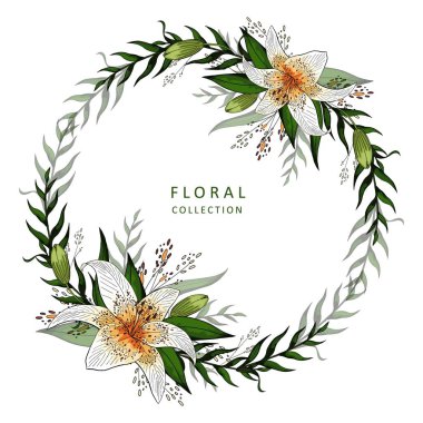 Sevgililer günü kartpostal düğün davetiye kartı çelenk lily çiçekler ile