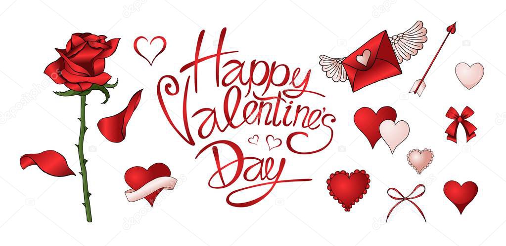 Red roses, hearts and other elements hand drawn color set detailed vectors isolated on white background. Illustration for happy Valentines day postcards.