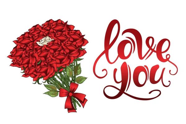 발렌타인의 빨간 장미 꽃다발 주홍 빈티지 레터링 엽서 — 스톡 벡터