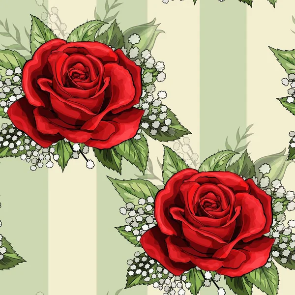 红玫瑰花花束传播爬虫元素无缝图案壁纸 — 图库矢量图片