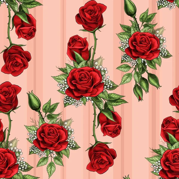 Červené růže kytice šíří liána prvky bezešvé vzor tapety — Stockový vektor
