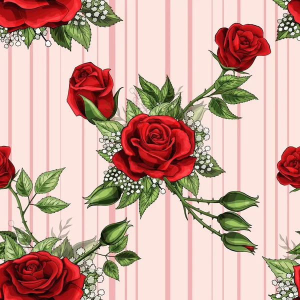红玫瑰花花束传播爬虫元素无缝图案壁纸 — 图库矢量图片