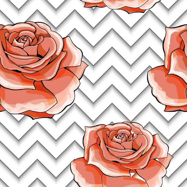 Modello senza cuciture con immagine rosa fiori rosa su uno sfondo geometrico — Vettoriale Stock