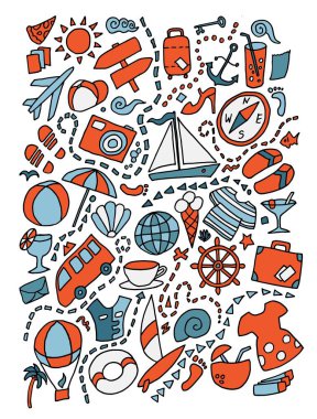Çizgi film sevimli karalamalar çizilmiş seyahat illüstrasyon ver. Nesneleri arka plan bir sürü
