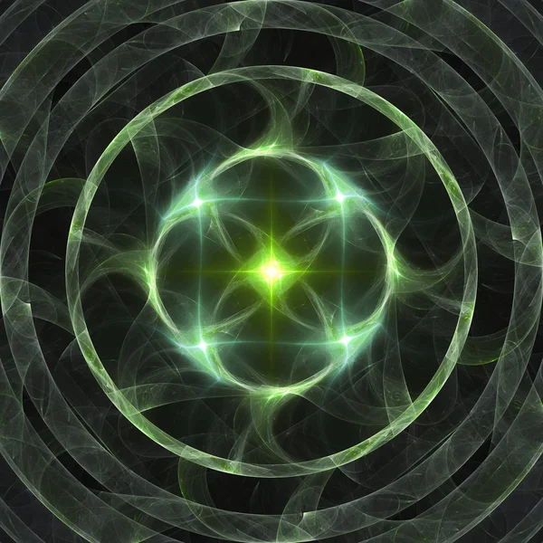 Abstract shining green star burning rings fractal banner or print background art