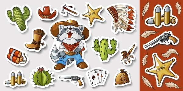 Western wild west art stickers set. Gun, bullets, cactuses and many other items — Stock Vector