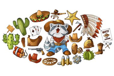 İllüstrasyon vektör elle çizilmiş vahşi batı kovboy öğeleri etiketleri ayarla