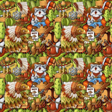 Vahşi Batı Amerikalı kovboy Hint simgeler dolu el seamless modeli çizilmiş